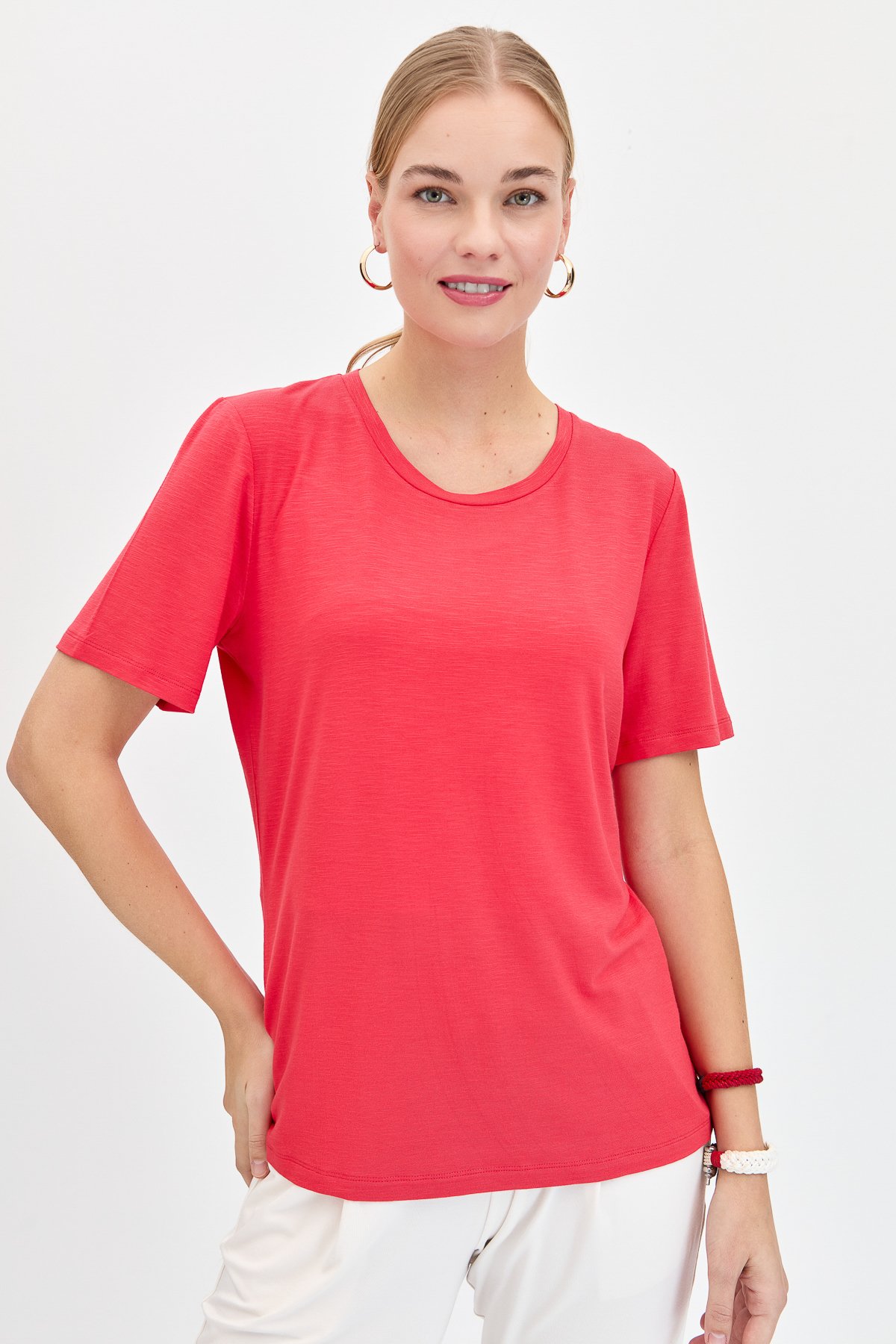 KMY24084Kadın Sıfır Yaka Flamlı Kumaş Penye Tshirt Mercan