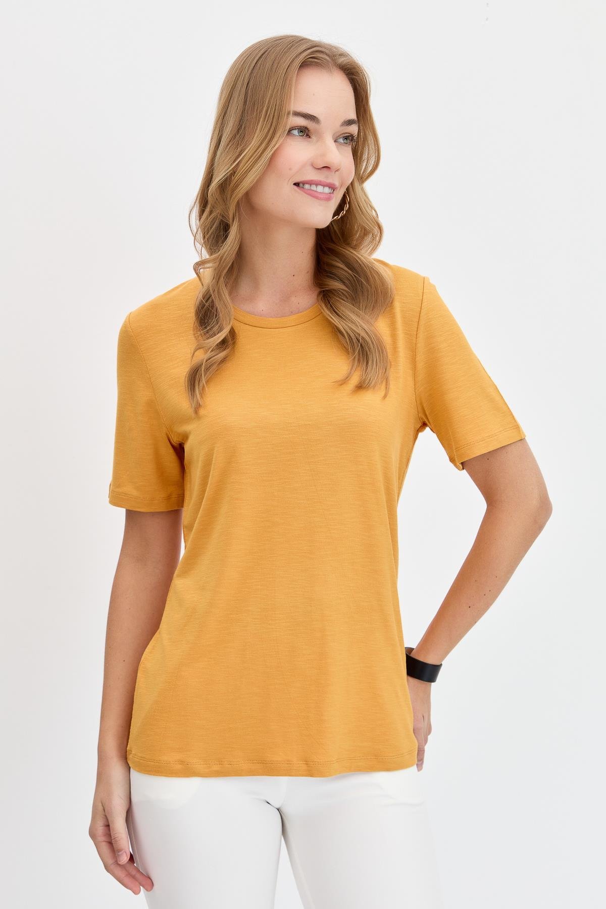 KMY24084Kadın Sıfır Yaka Flamlı Kumaş Penye Tshirt Hardal