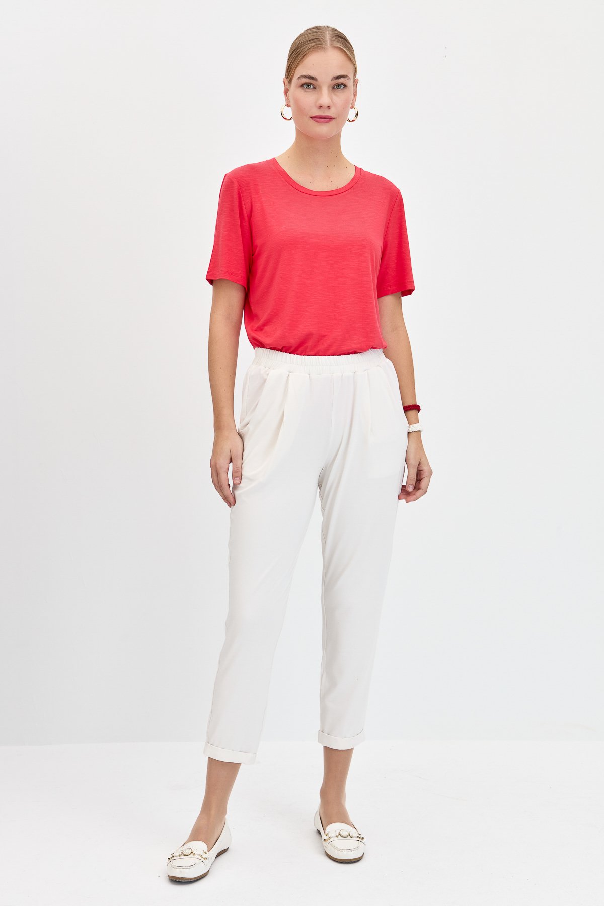 KMY24084Kadın Sıfır Yaka Flamlı Kumaş Penye Tshirt Mercan