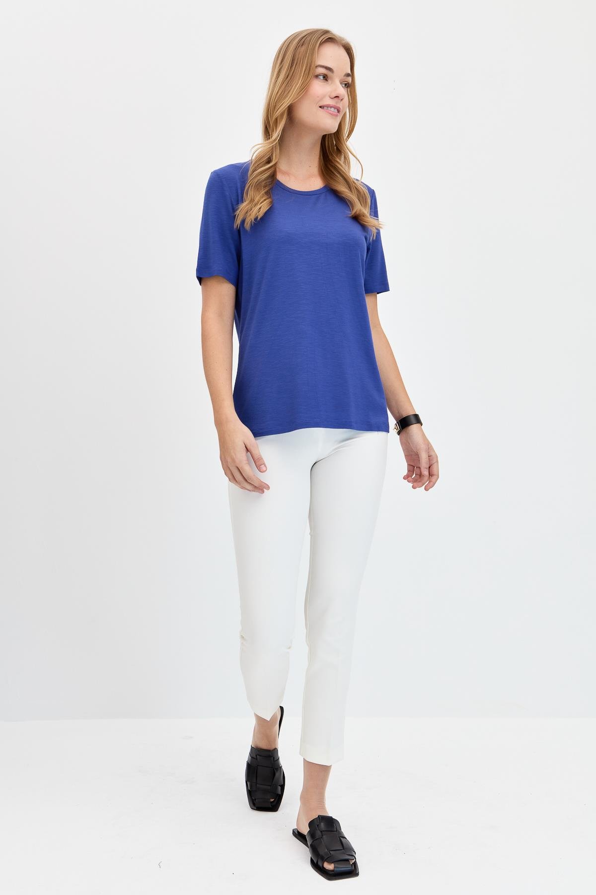 KMY24084Kadın Sıfır Yaka Flamlı Kumaş Penye Tshirt İndigo