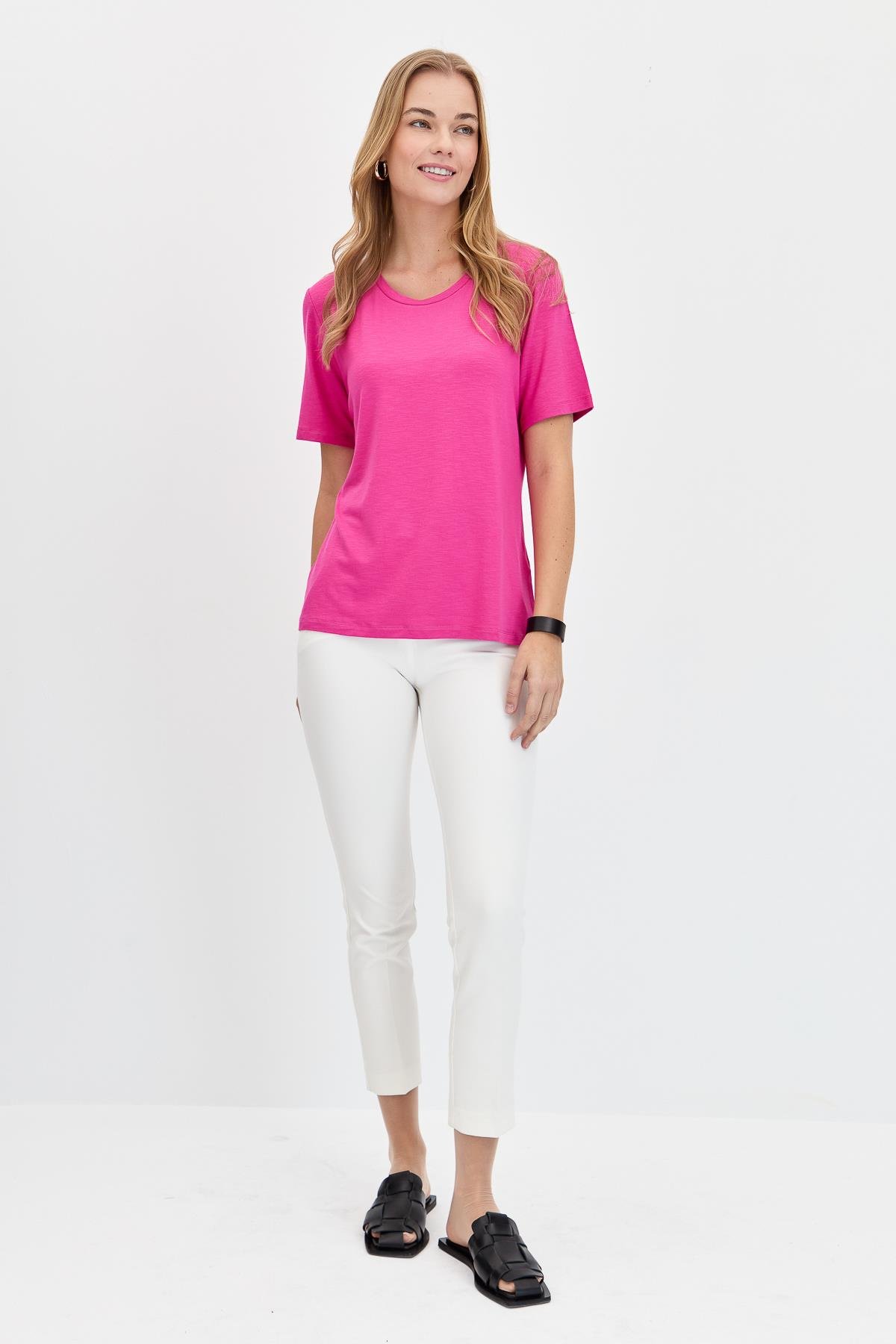 KMY24084Kadın Sıfır Yaka Flamlı Kumaş Penye Tshirt Fuşya