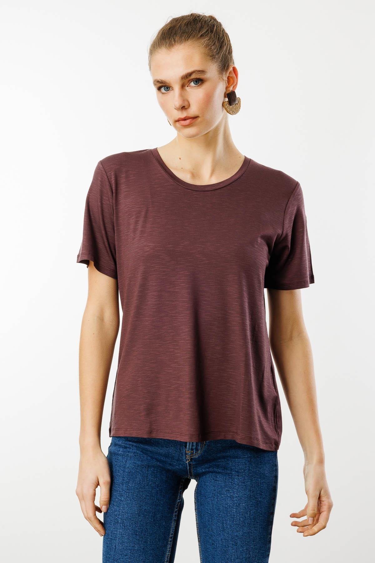 KMY24084Kadın Sıfır Yaka Flamlı Kumaş Penye Tshirt Kahve