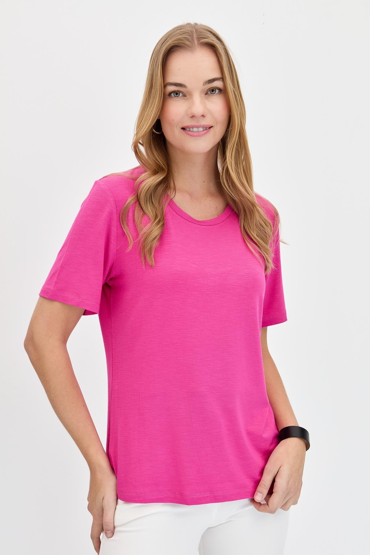KMY24084Kadın Sıfır Yaka Flamlı Kumaş Penye Tshirt Fuşya