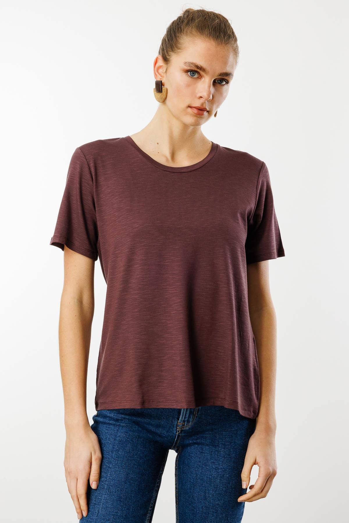 KMY24084Kadın Sıfır Yaka Flamlı Kumaş Penye Tshirt Kahve