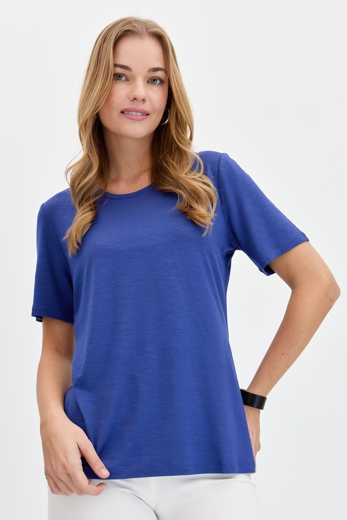 KMY24084Kadın Sıfır Yaka Flamlı Kumaş Penye Tshirt İndigo