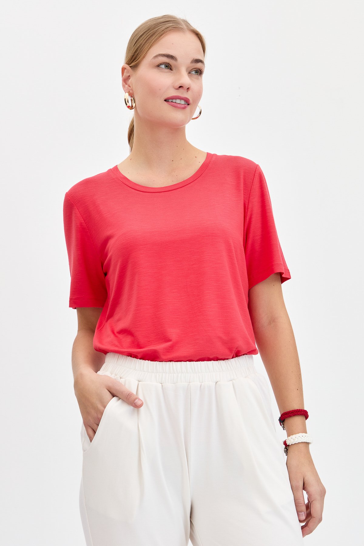 KMY24084Kadın Sıfır Yaka Flamlı Kumaş Penye Tshirt Mercan