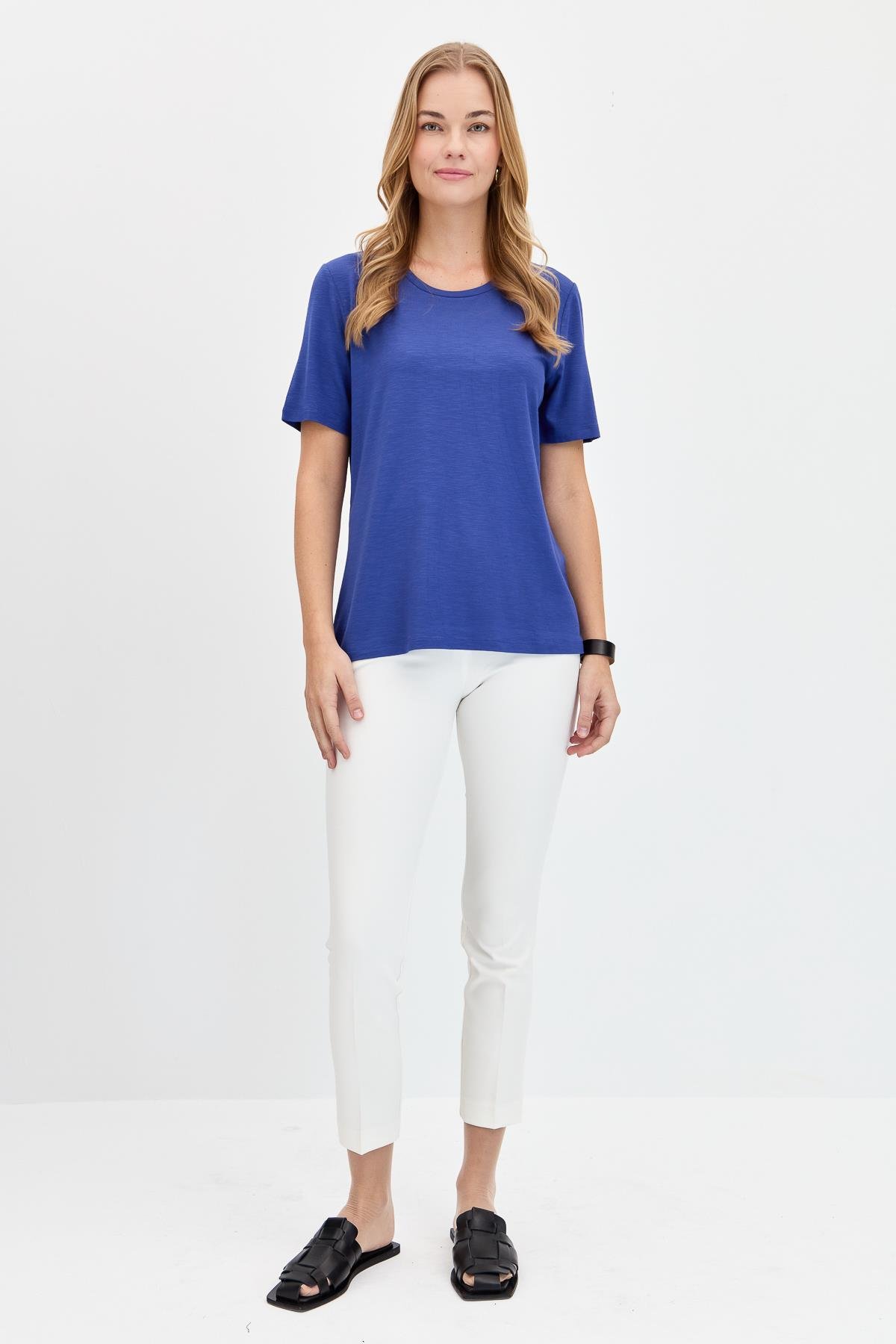 KMY24084Kadın Sıfır Yaka Flamlı Kumaş Penye Tshirt İndigo