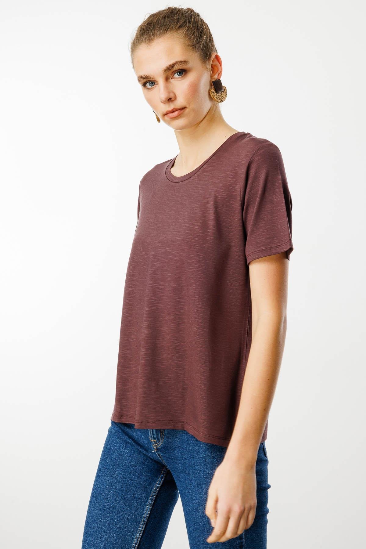 KMY24084Kadın Sıfır Yaka Flamlı Kumaş Penye Tshirt Kahve