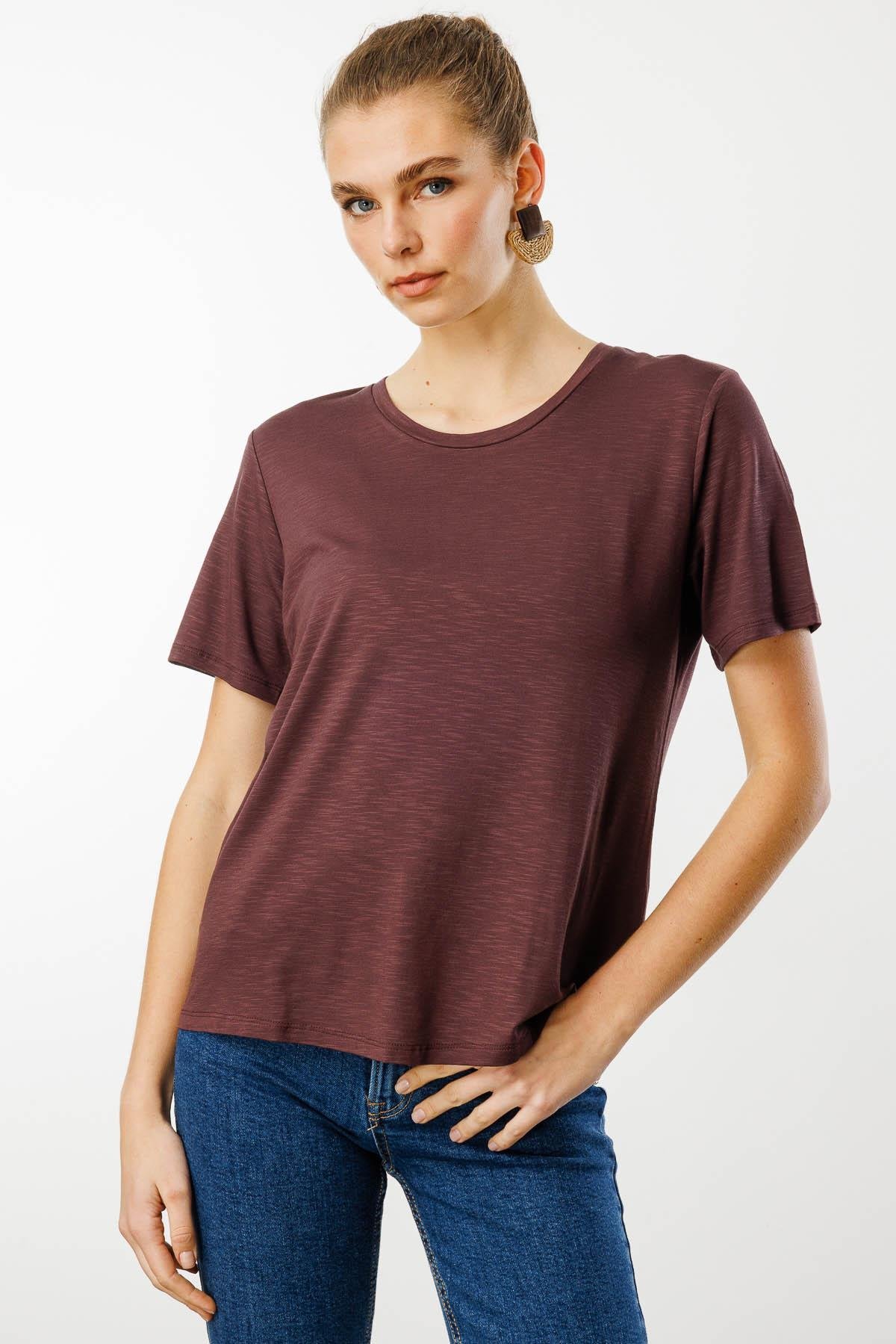 KMY24084Kadın Sıfır Yaka Flamlı Kumaş Penye Tshirt Kahve