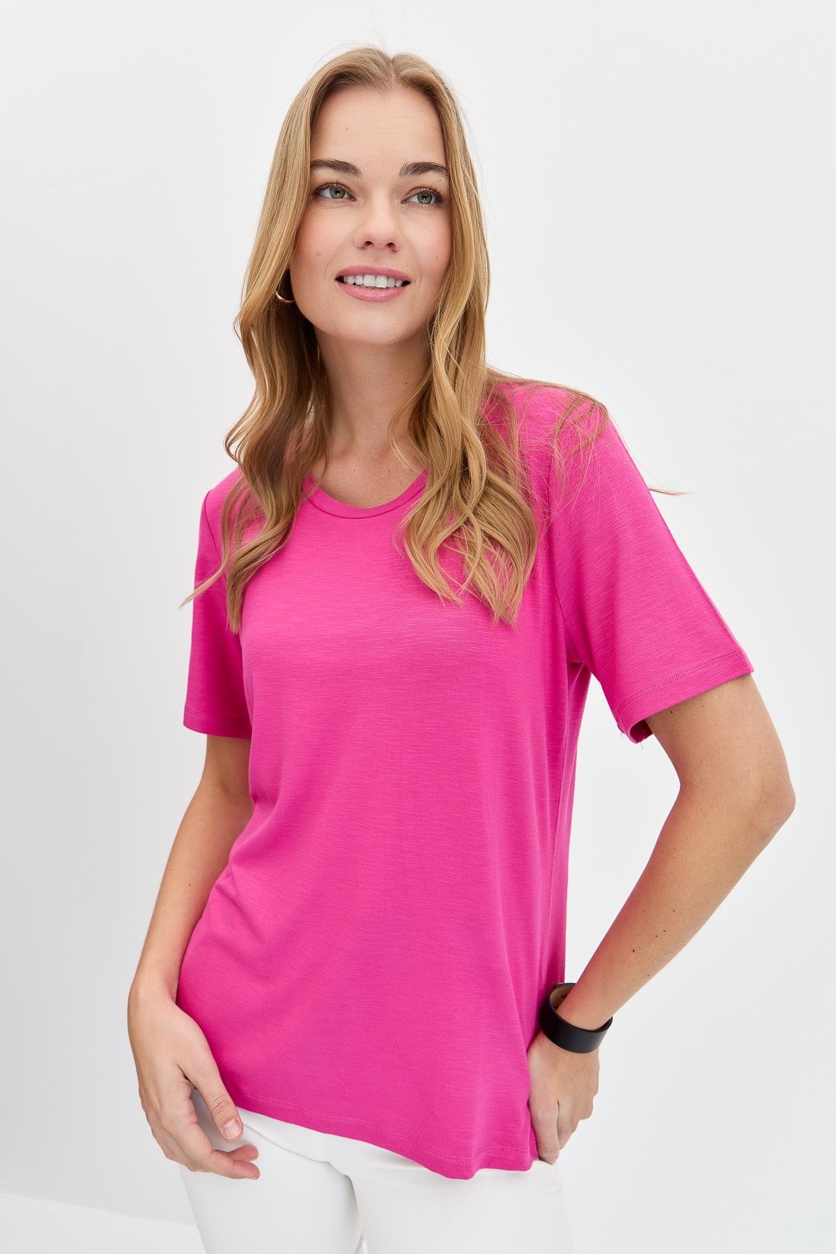 KMY24084Kadın Sıfır Yaka Flamlı Kumaş Penye Tshirt Fuşya