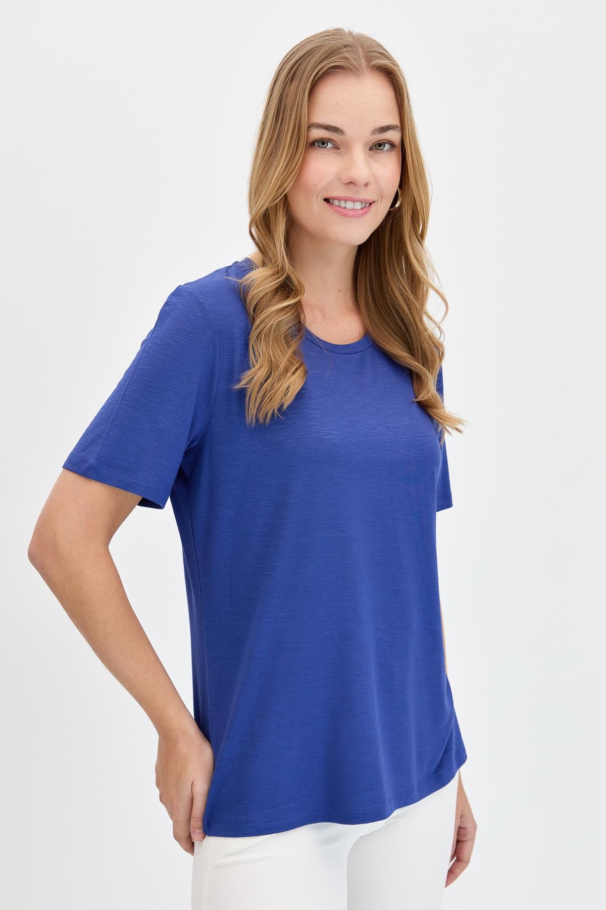 KMY24084Kadın Sıfır Yaka Flamlı Kumaş Penye Tshirt İndigo