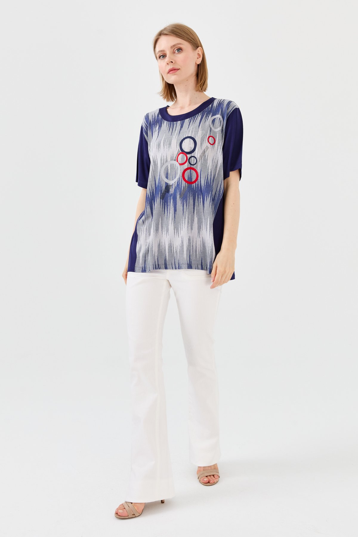 23758Kadın Sıfır Yaka Halka Desenli Penye T-shirt Lacivert