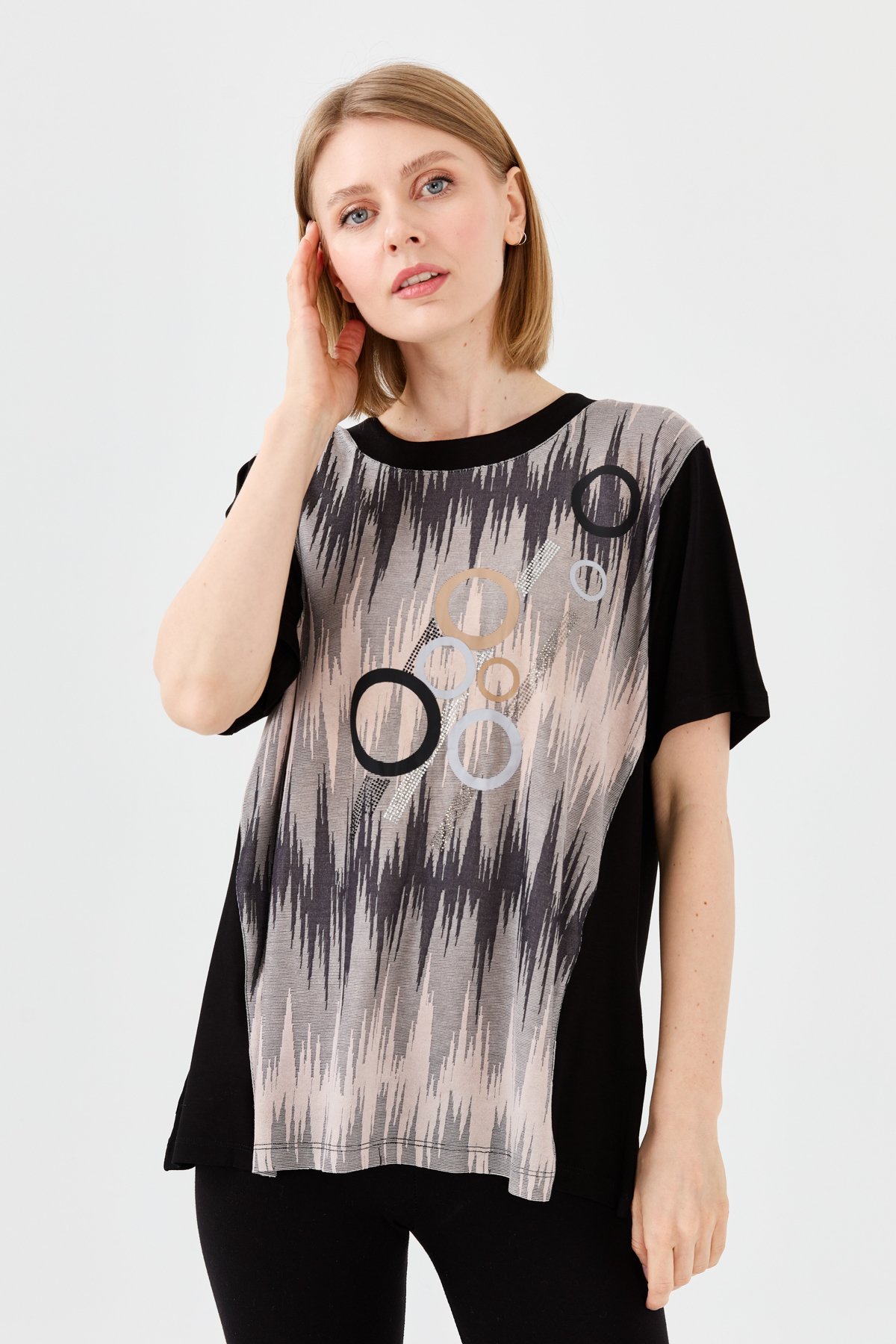 23758Kadın Sıfır Yaka Halka Desenli Penye T-shirt Siyah