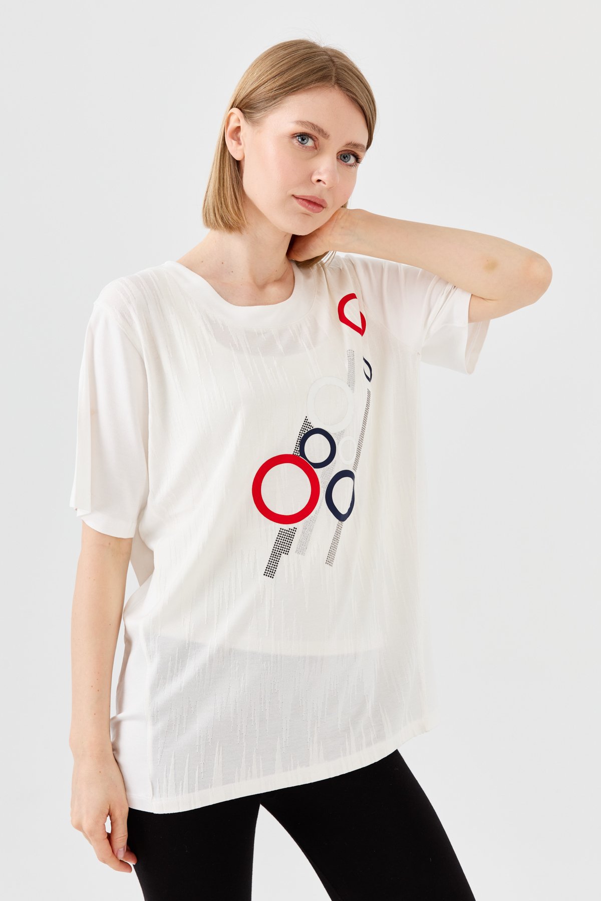 23758Kadın Sıfır Yaka Halka Desenli Penye T-shirt Kemik