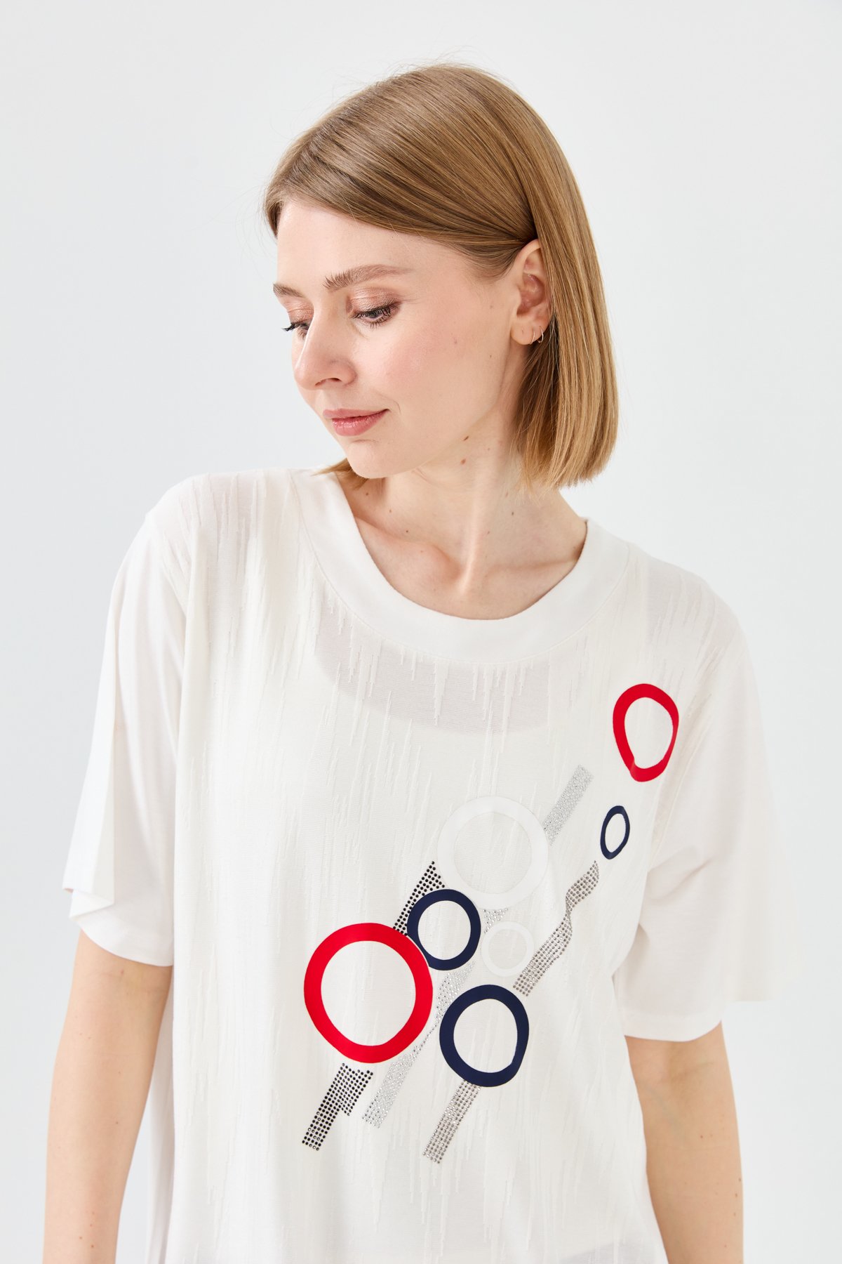 23758Kadın Sıfır Yaka Halka Desenli Penye T-shirt Kemik