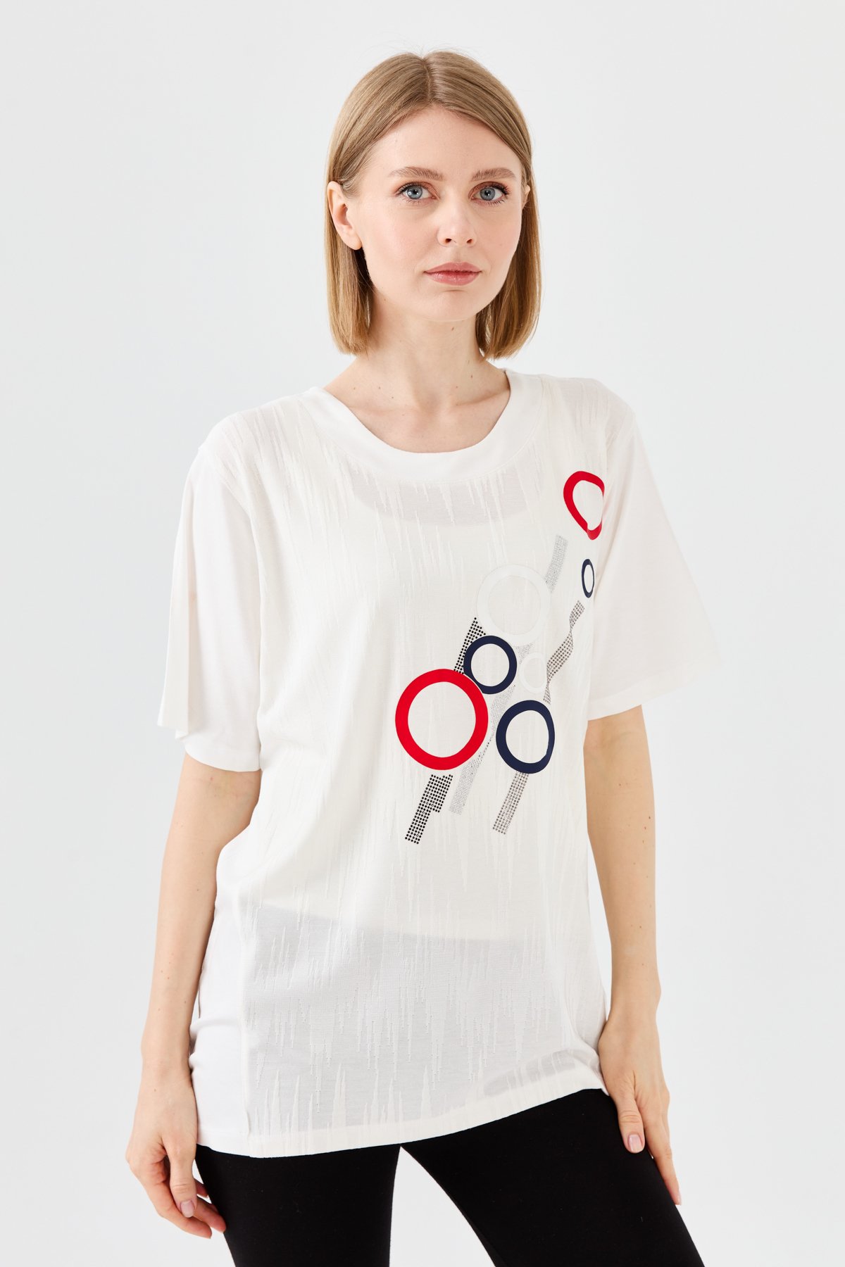 23758Kadın Sıfır Yaka Halka Desenli Penye T-shirt Kemik