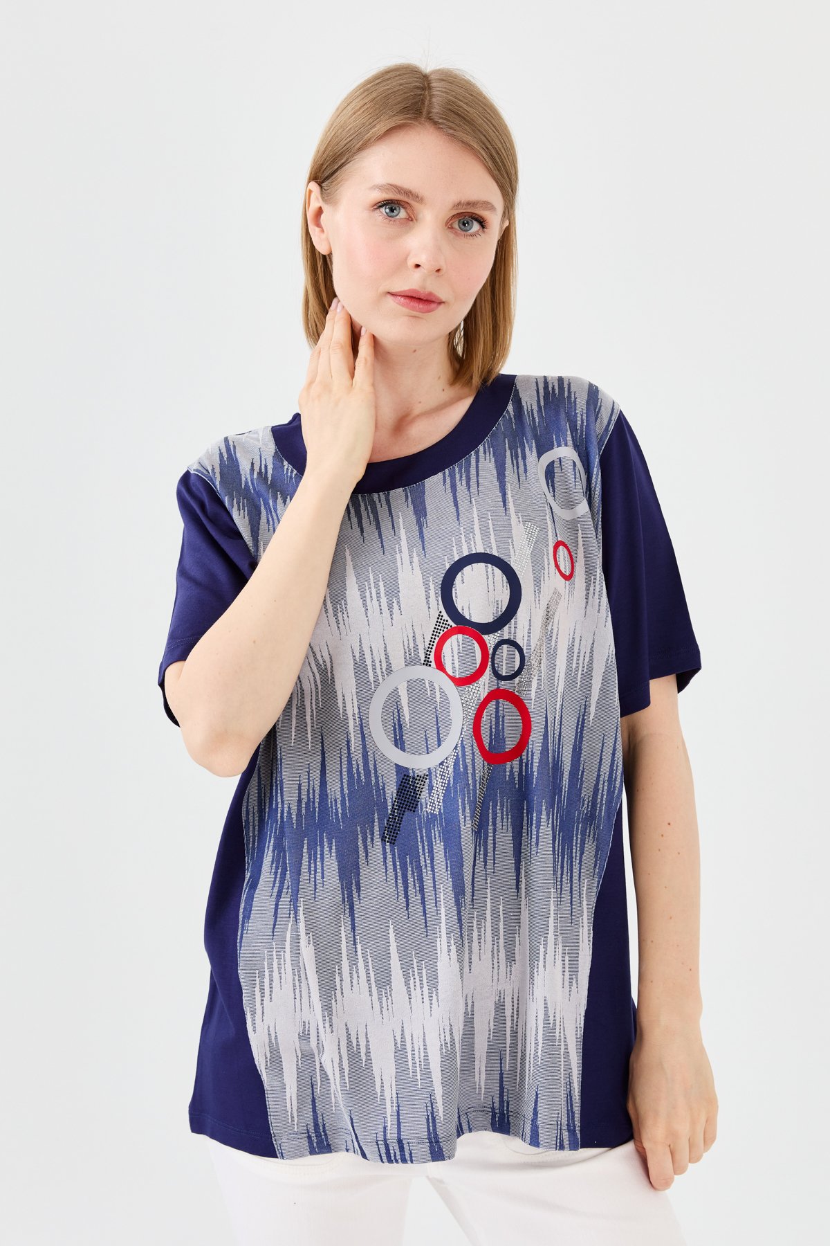 23758Kadın Sıfır Yaka Halka Desenli Penye T-shirt Lacivert