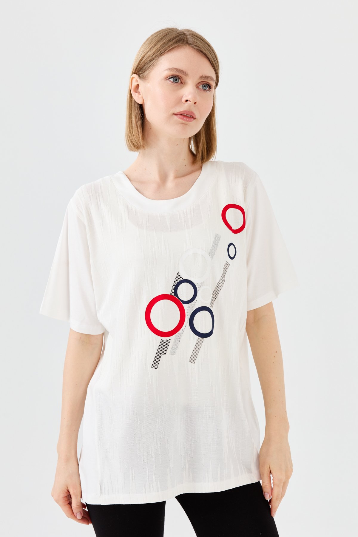 23758Kadın Sıfır Yaka Halka Desenli Penye T-shirt Kemik