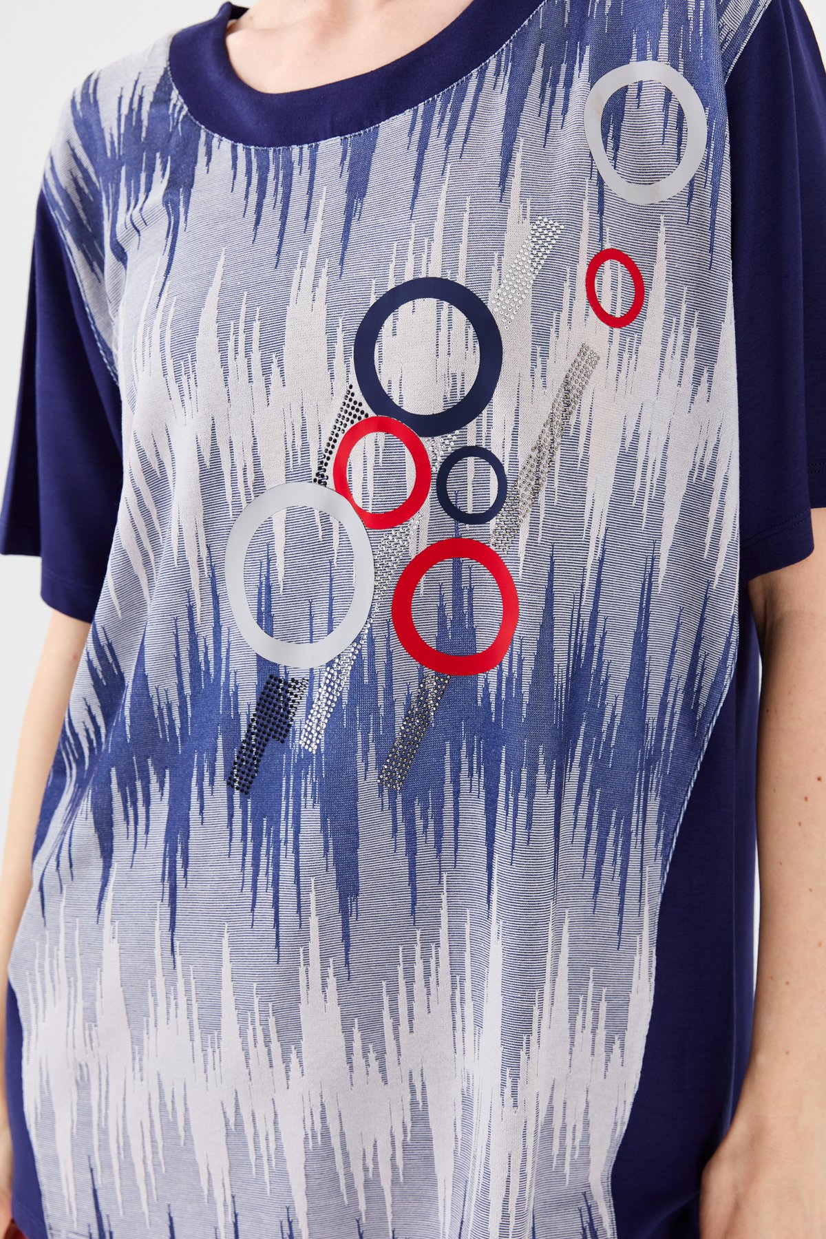 23758Kadın Sıfır Yaka Halka Desenli Penye T-shirt Lacivert