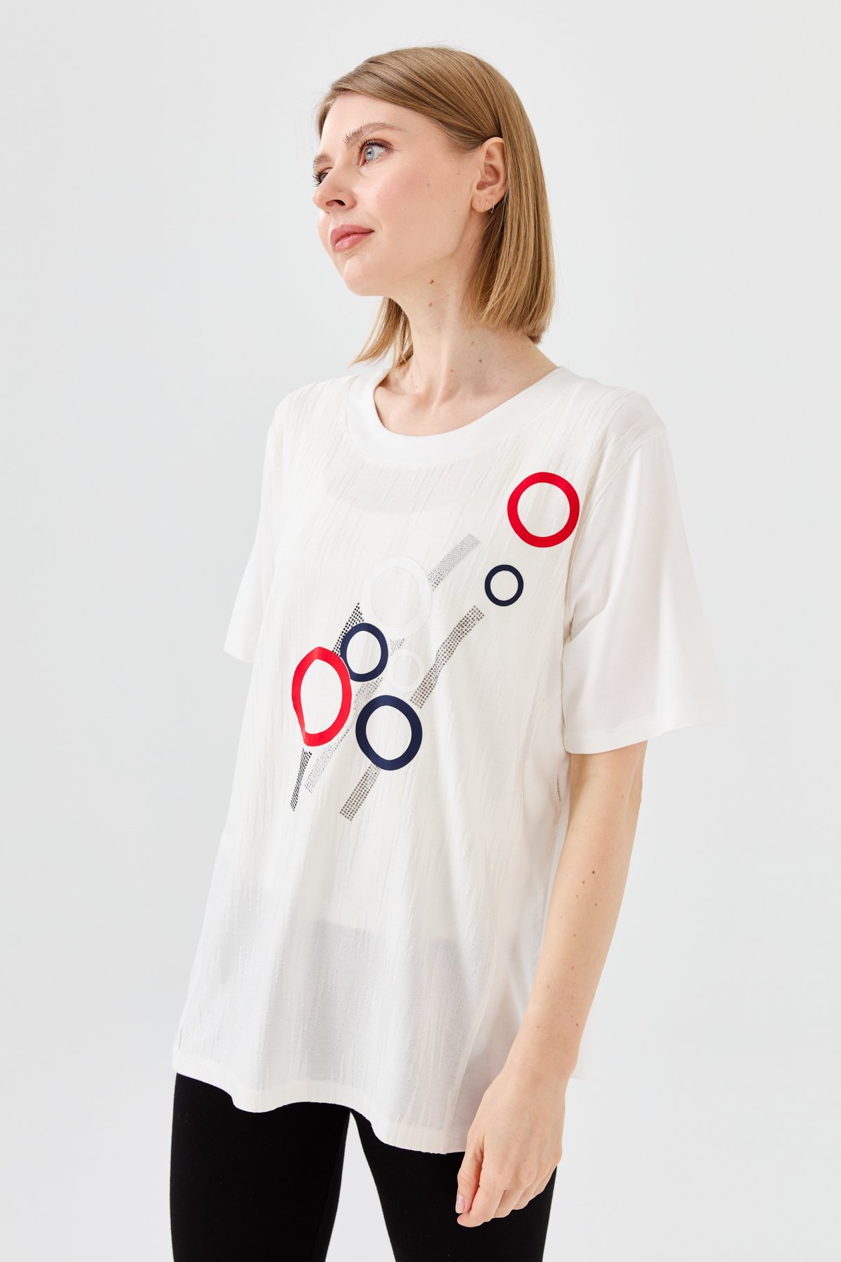 23758Kadın Sıfır Yaka Halka Desenli Penye T-shirt Kemik