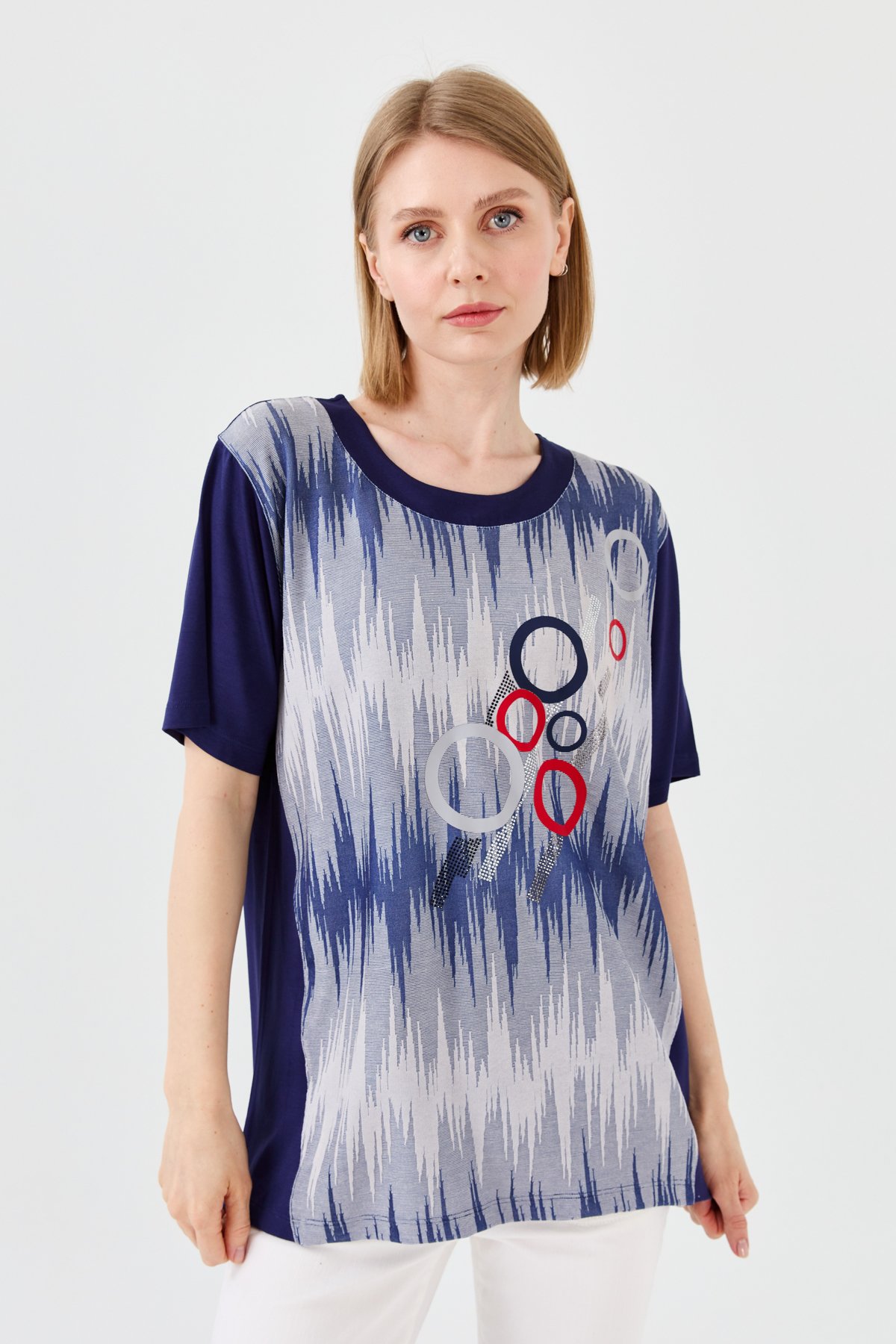 23758Kadın Sıfır Yaka Halka Desenli Penye T-shirt Lacivert