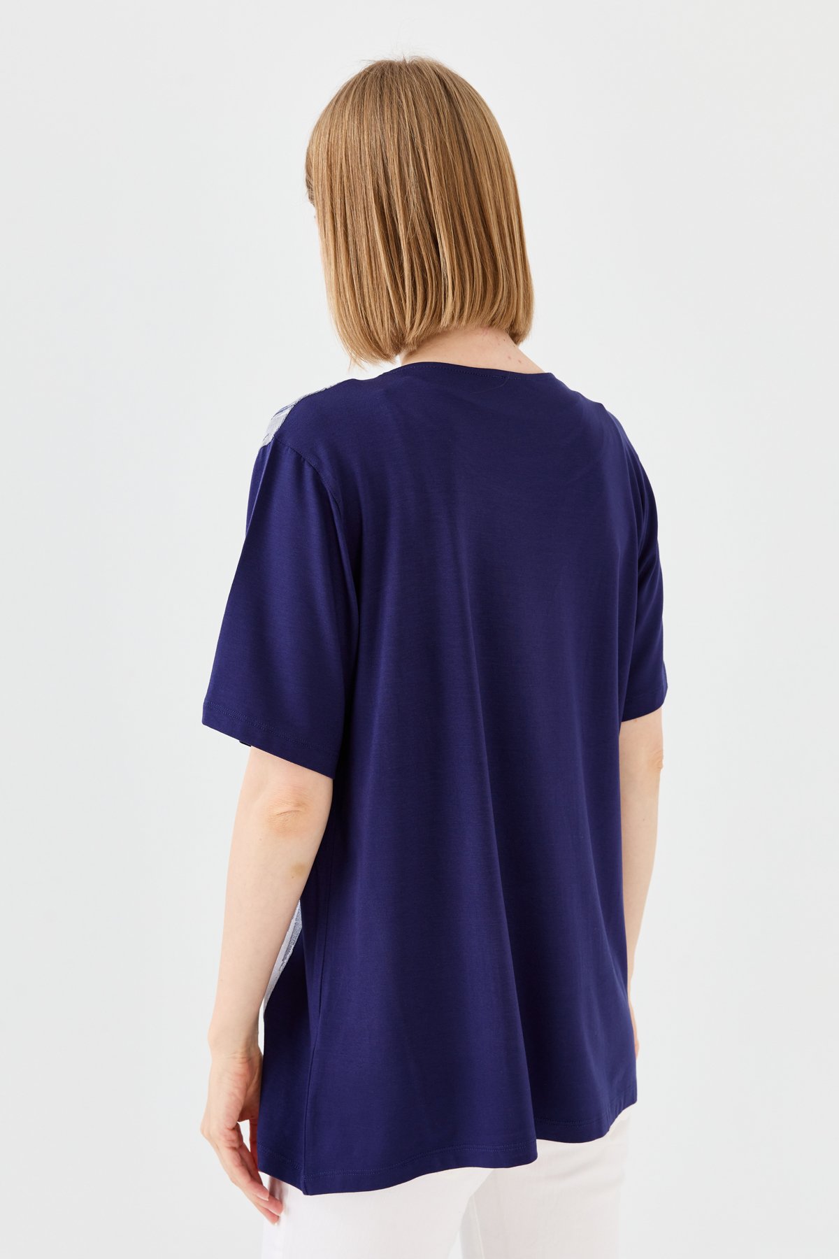 23758Kadın Sıfır Yaka Halka Desenli Penye T-shirt Lacivert