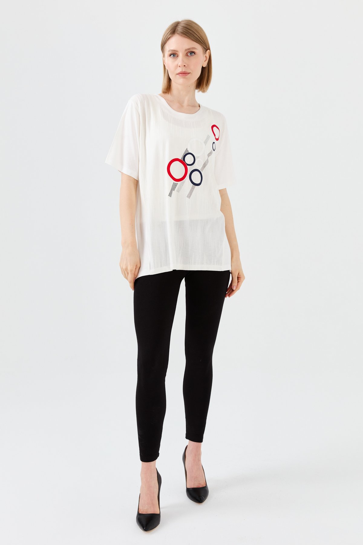 23758Kadın Sıfır Yaka Halka Desenli Penye T-shirt Kemik