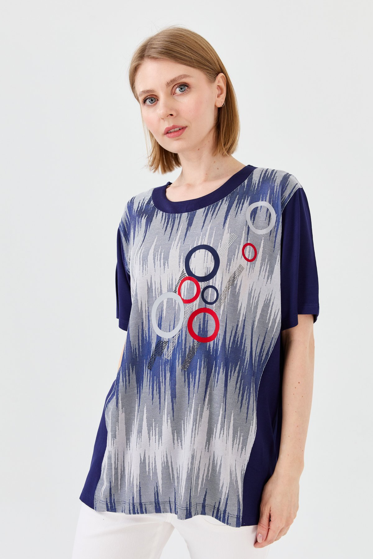 23758Kadın Sıfır Yaka Halka Desenli Penye T-shirt Lacivert