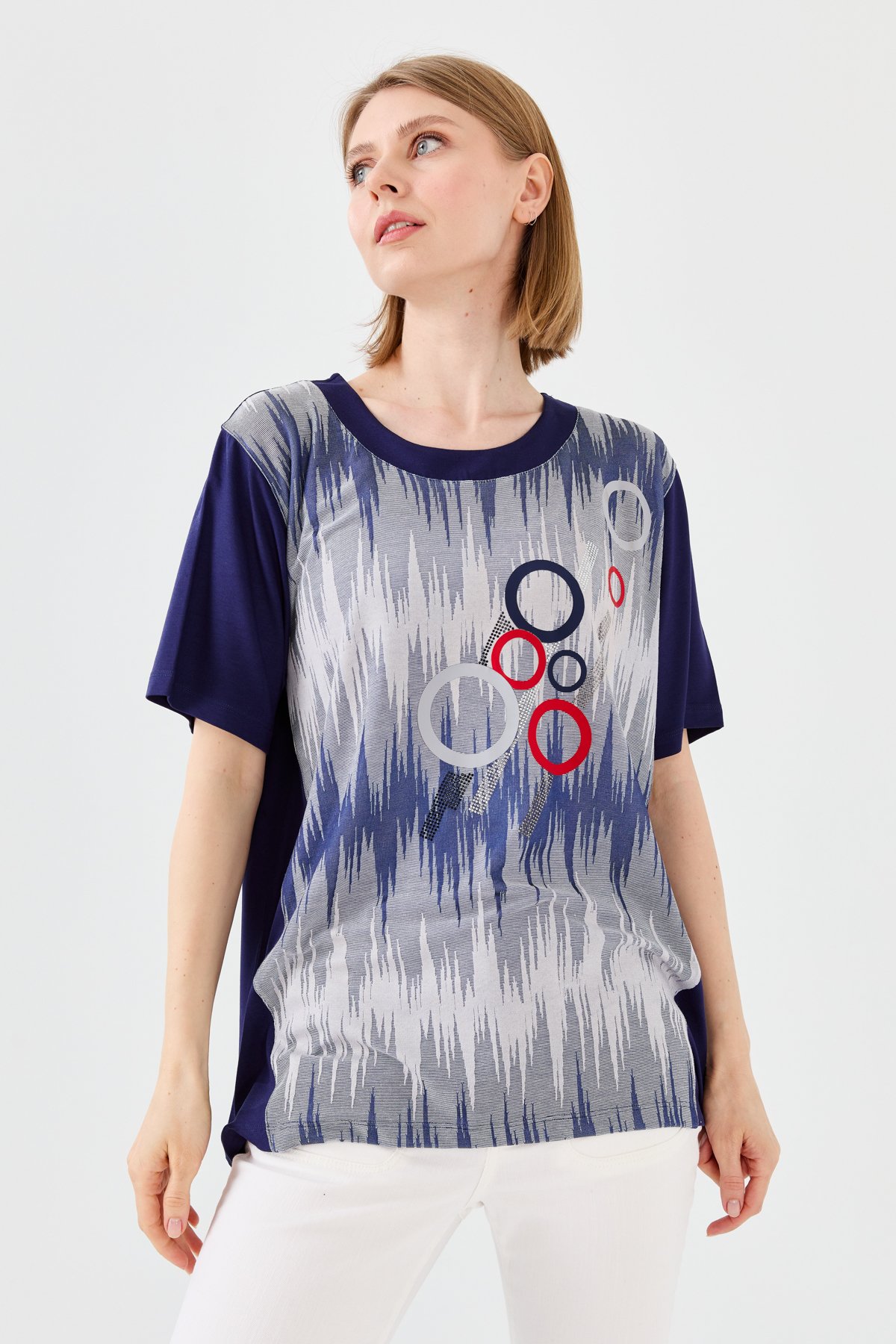 23758Kadın Sıfır Yaka Halka Desenli Penye T-shirt Lacivert