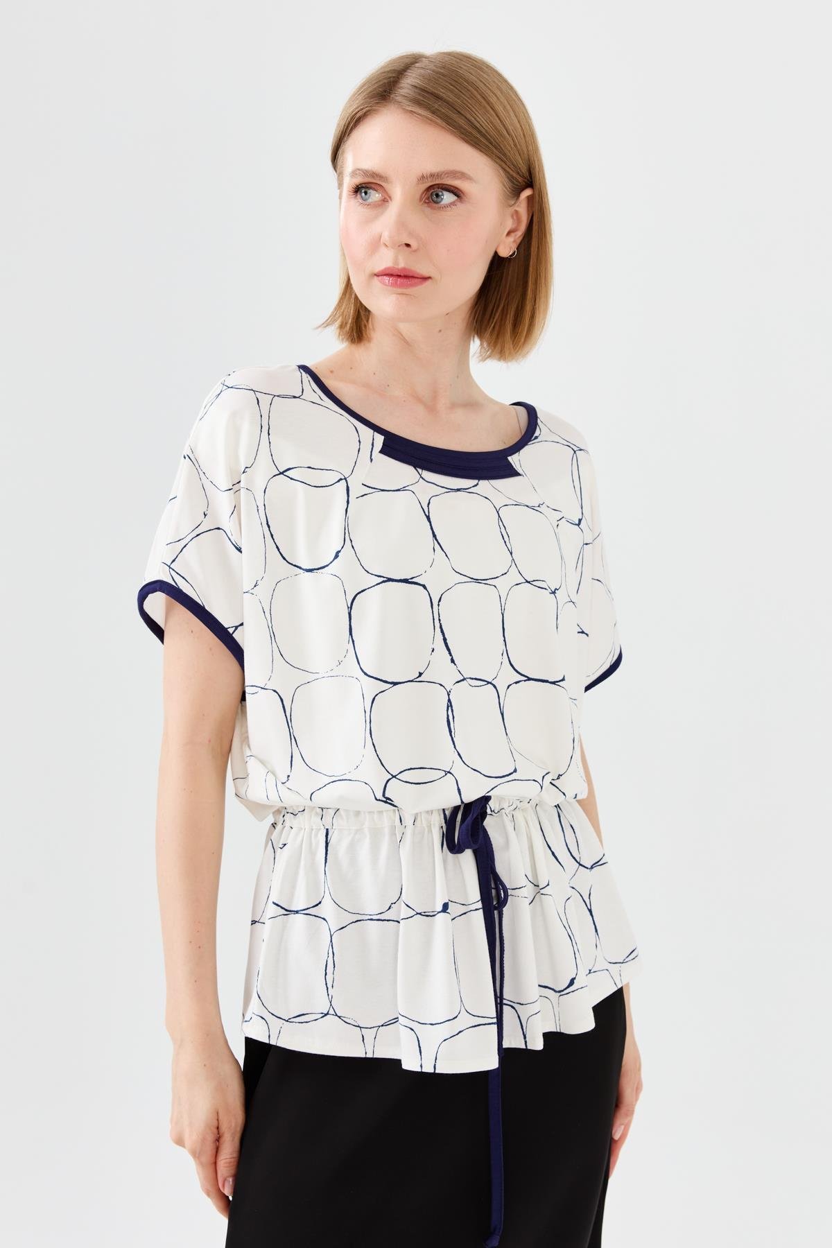 23719Kadın Sıfır Yaka İki Renk Penye T-shirt Ekru/Laci