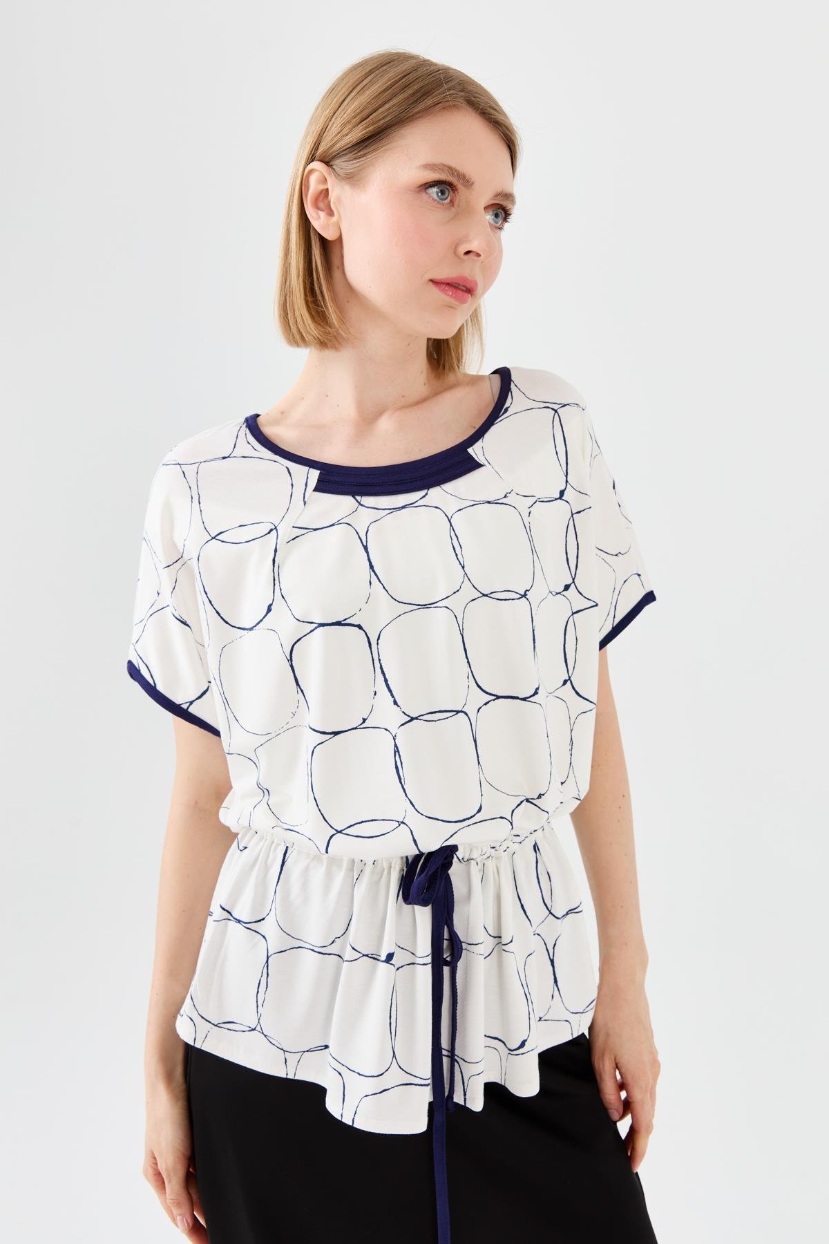 23719Kadın Sıfır Yaka İki Renk Penye T-shirt Ekru/Laci