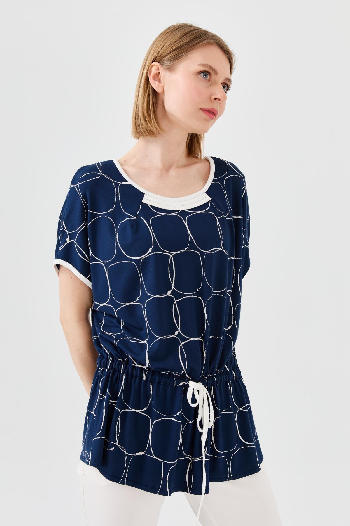 23719Kadın Sıfır Yaka İki Renk Penye T-shirt Laci/Ekru