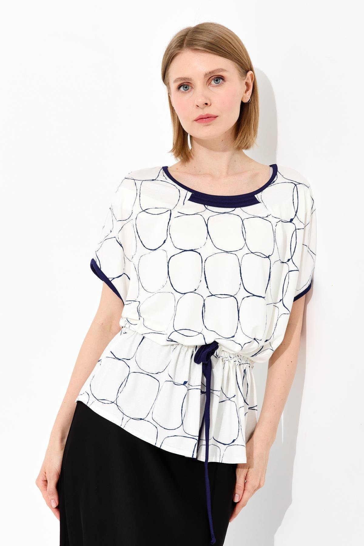 23719Kadın Sıfır Yaka İki Renk Penye T-shirt Ekru/Laci