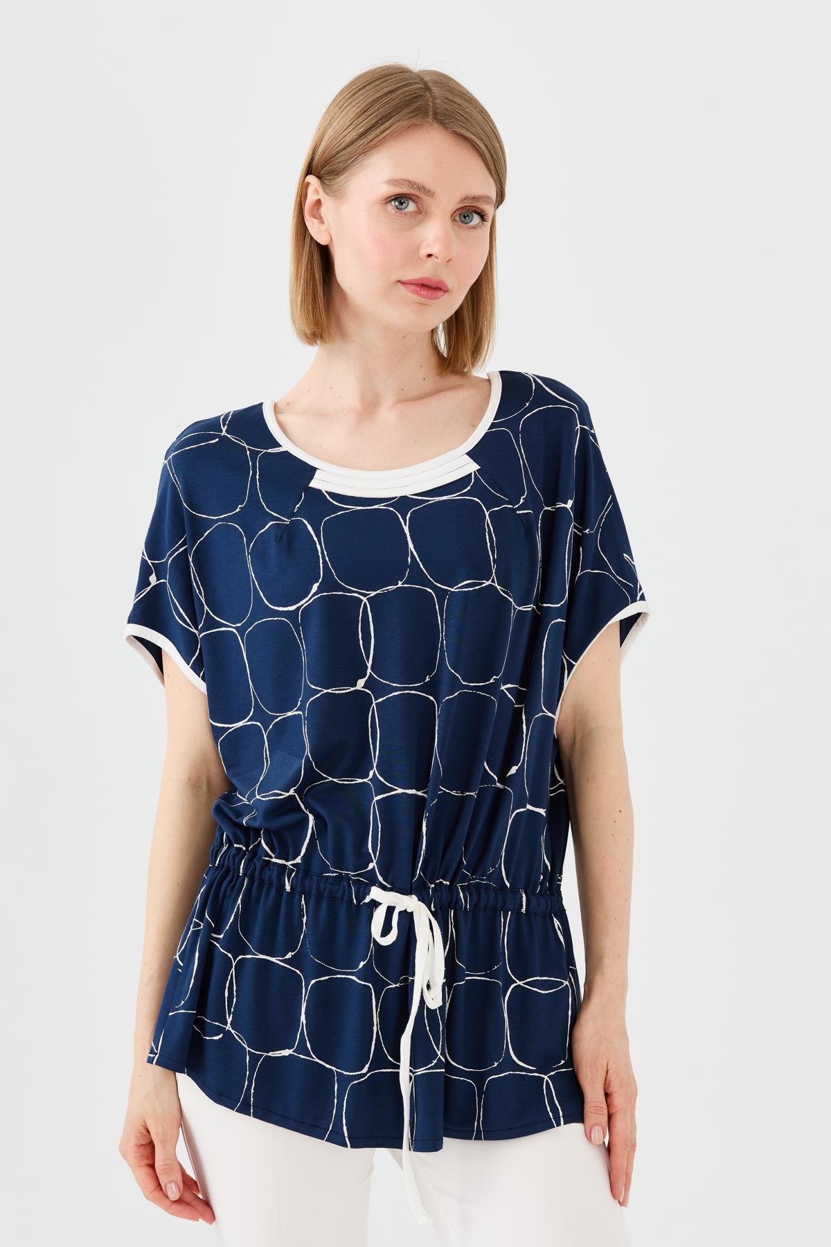 23719Kadın Sıfır Yaka İki Renk Penye T-shirt Laci/Ekru