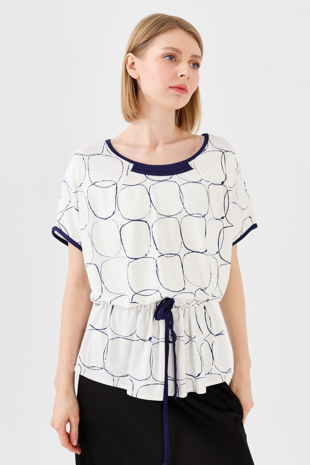 23719Kadın Sıfır Yaka İki Renk Penye T-shirt Ekru/Laci