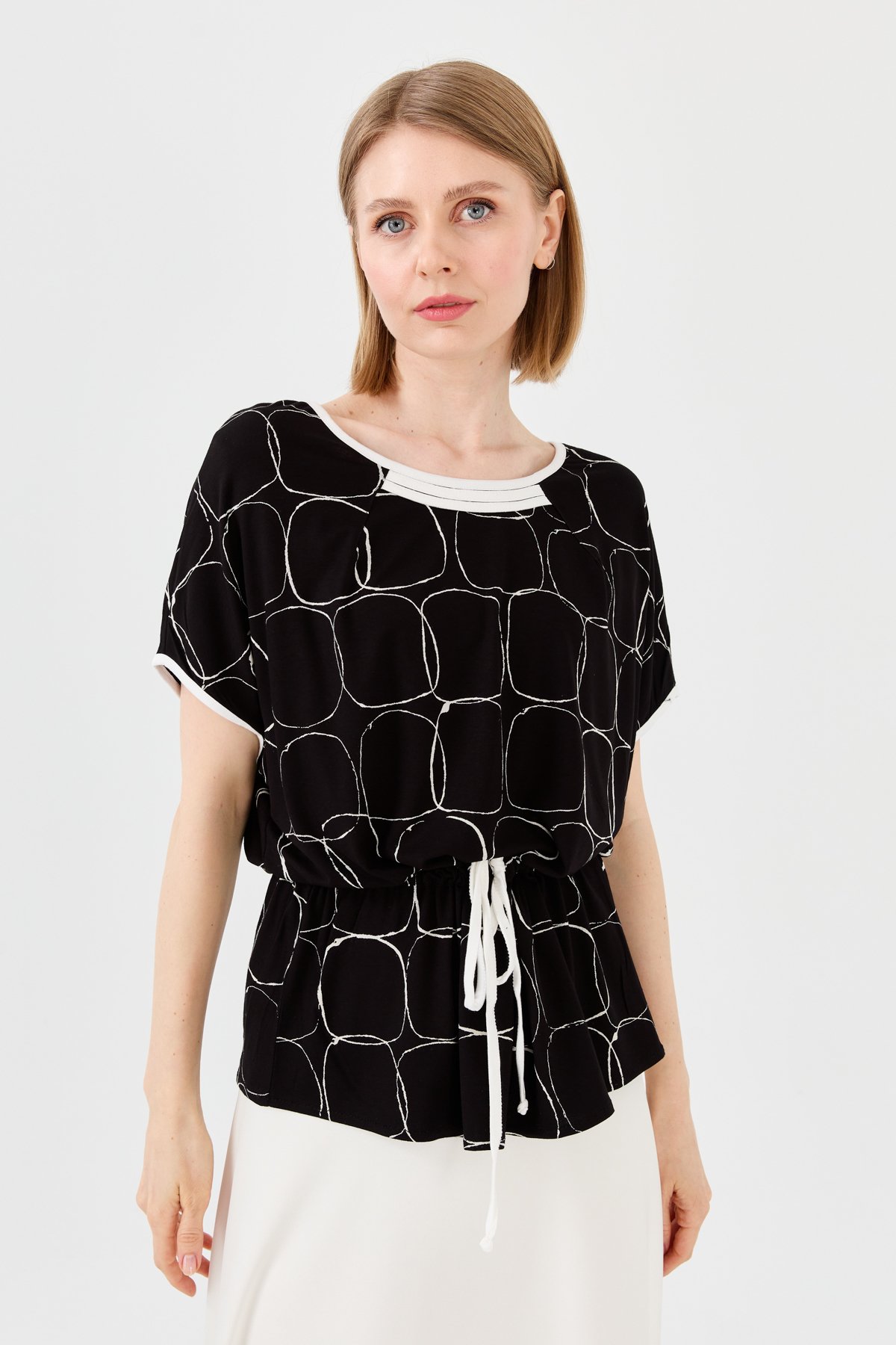 23719Kadın Sıfır Yaka İki Renk Penye T-shirt Siyah/Ekru