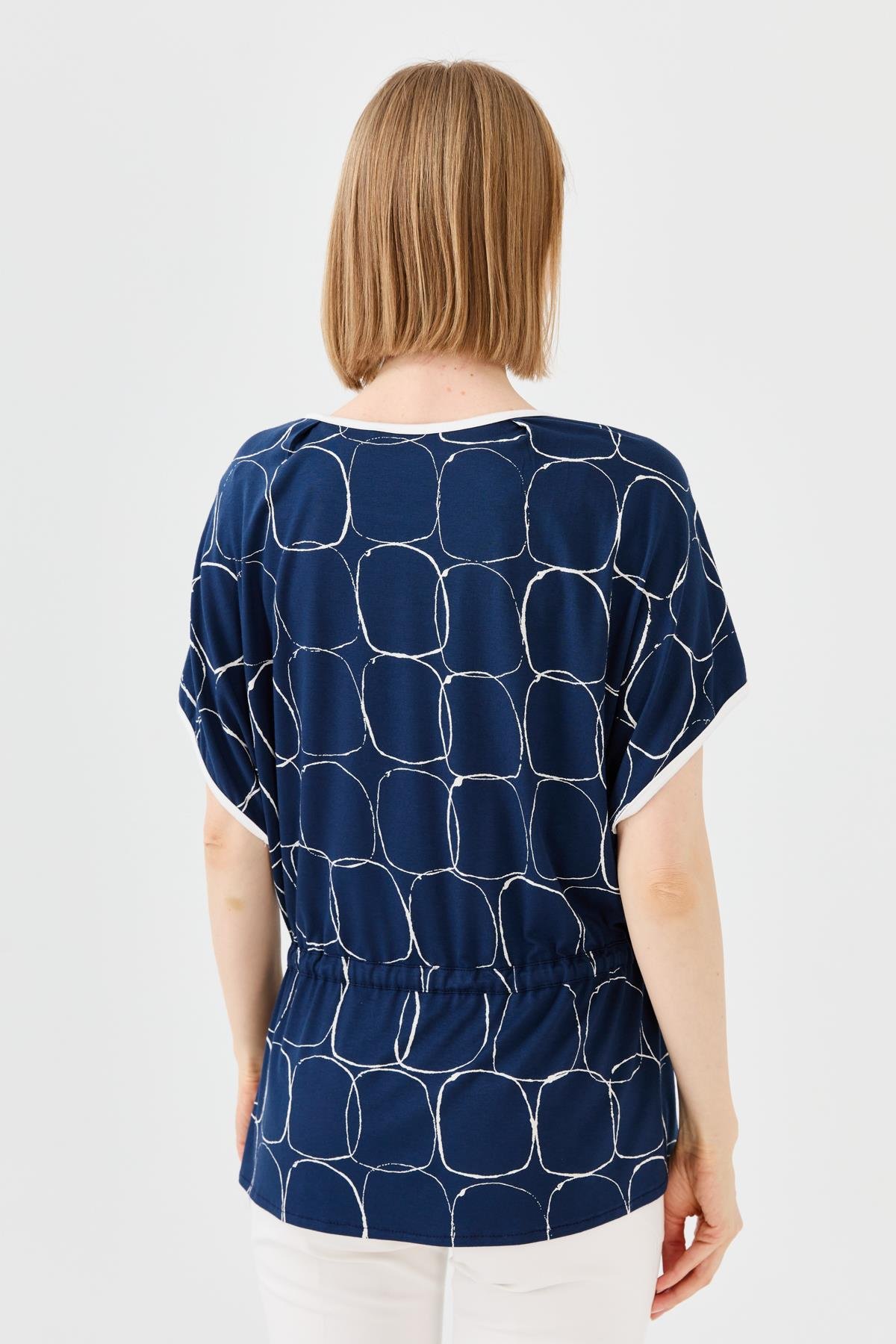 23719Kadın Sıfır Yaka İki Renk Penye T-shirt Laci/Ekru