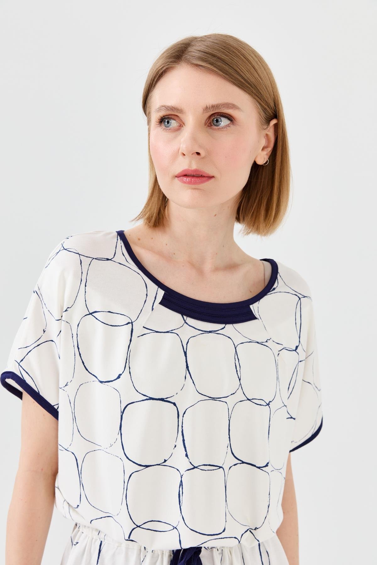 23719Kadın Sıfır Yaka İki Renk Penye T-shirt Ekru/Laci