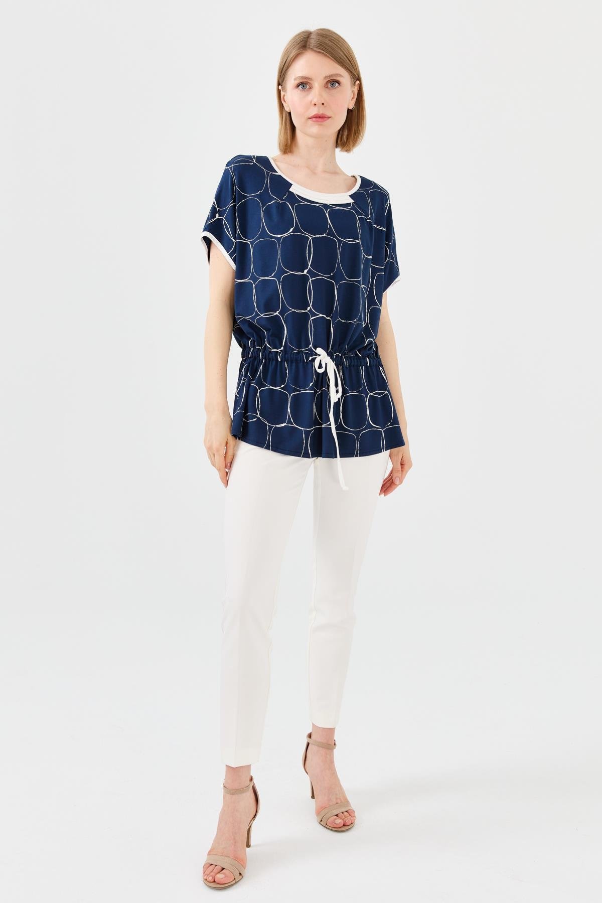 23719Kadın Sıfır Yaka İki Renk Penye T-shirt Laci/Ekru