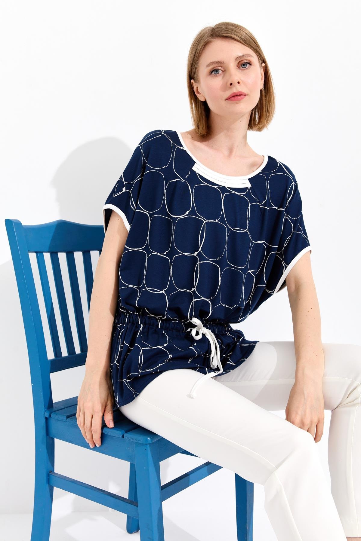 23719Kadın Sıfır Yaka İki Renk Penye T-shirt Laci/Ekru