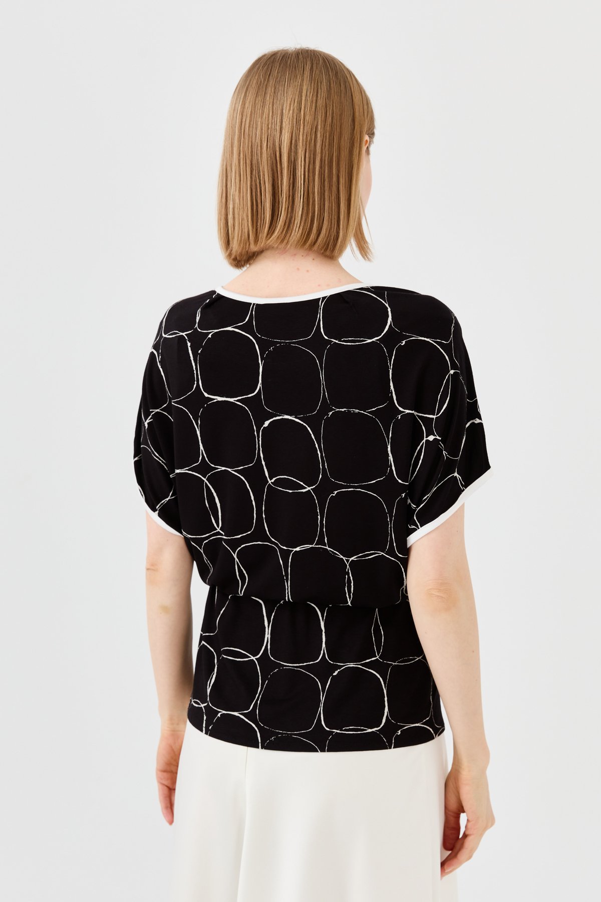 23719Kadın Sıfır Yaka İki Renk Penye T-shirt Siyah/Ekru