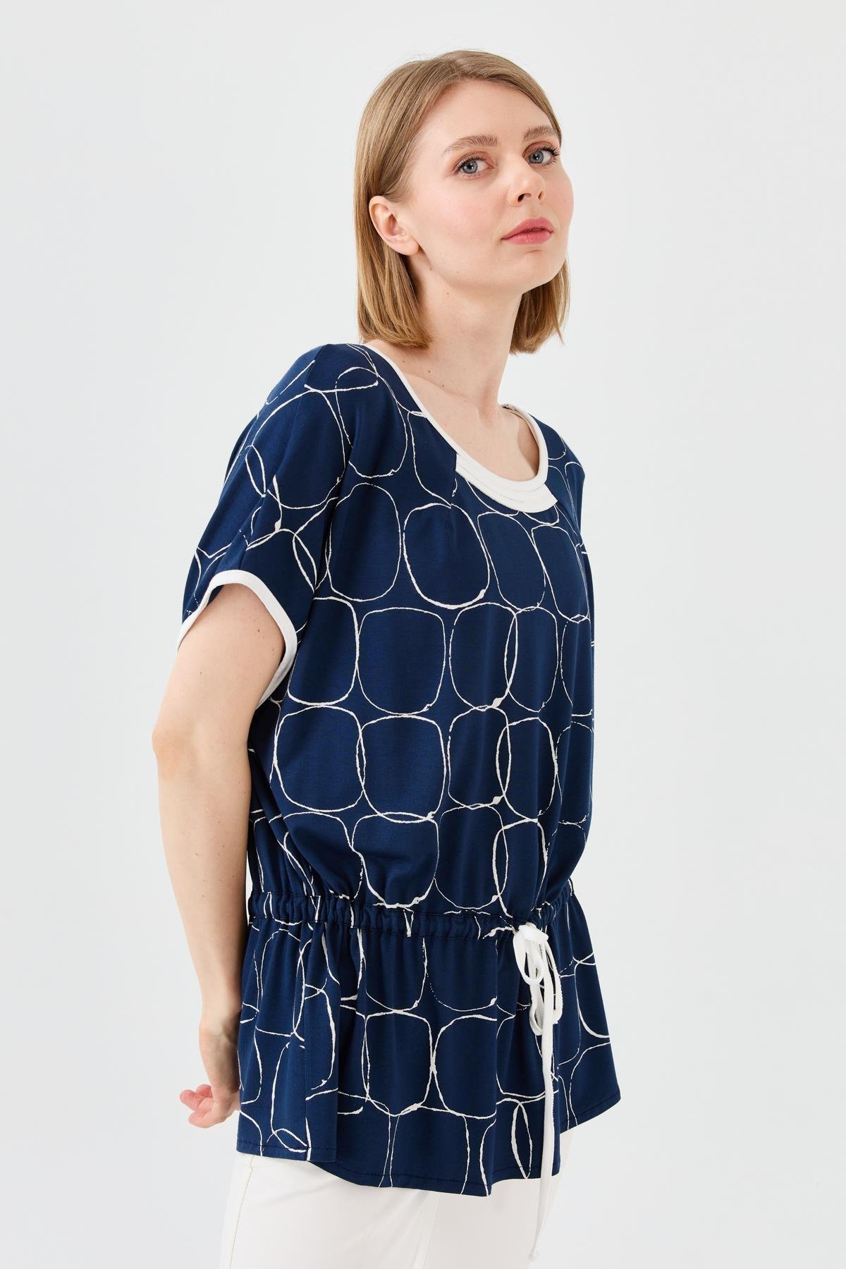 23719Kadın Sıfır Yaka İki Renk Penye T-shirt Laci/Ekru