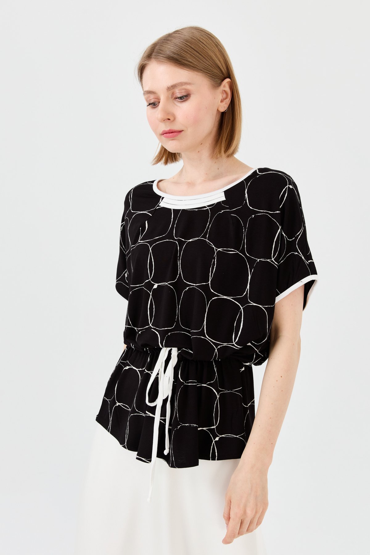 23719Kadın Sıfır Yaka İki Renk Penye T-shirt Siyah/Ekru