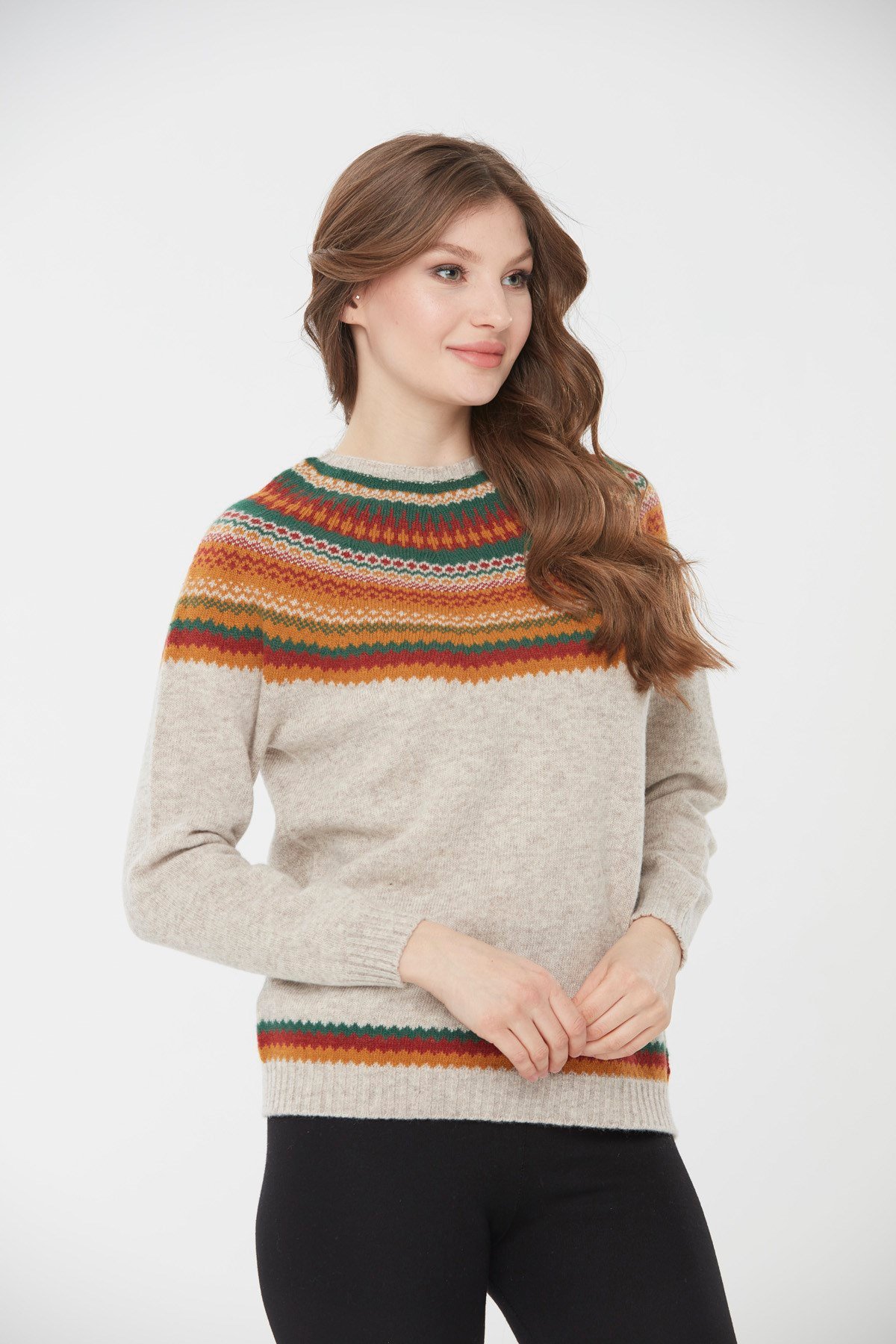 22086Kadın Sıfır Yaka İşleme Desenli Yün Kazak V.Bej