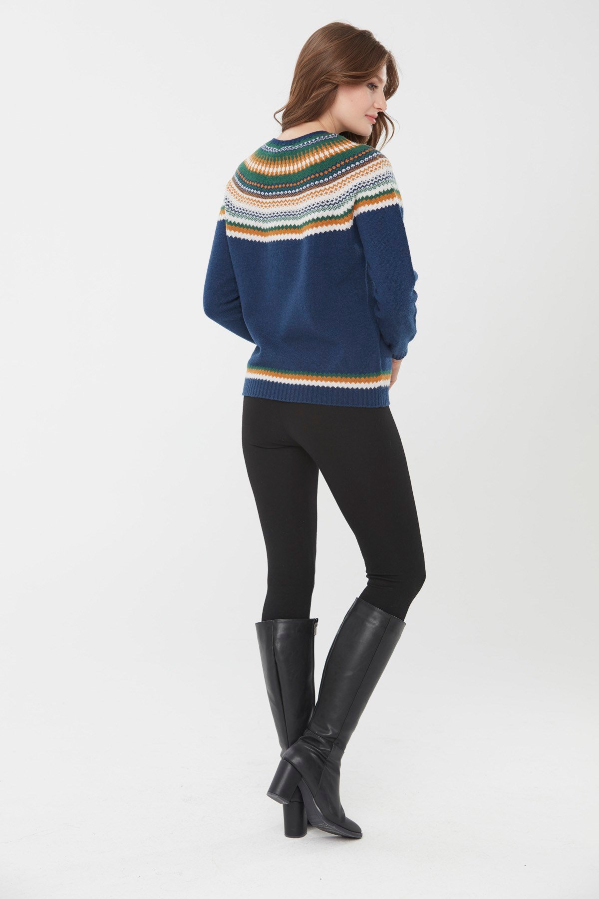 22086Kadın Sıfır Yaka İşleme Desenli Yün Kazak İndigo