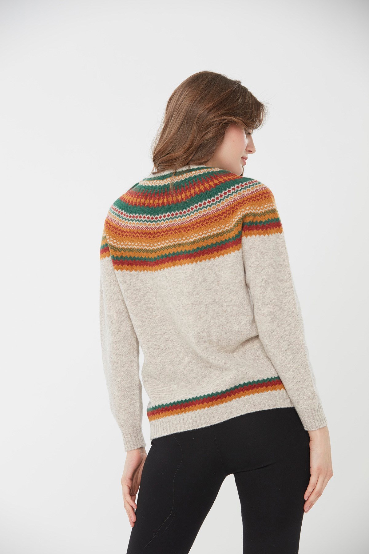 22086Kadın Sıfır Yaka İşleme Desenli Yün Kazak V.Bej