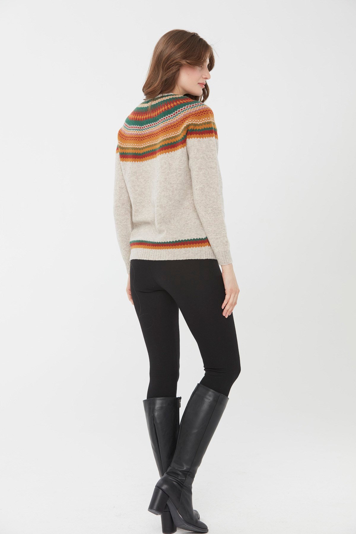 22086Kadın Sıfır Yaka İşleme Desenli Yün Kazak V.Bej