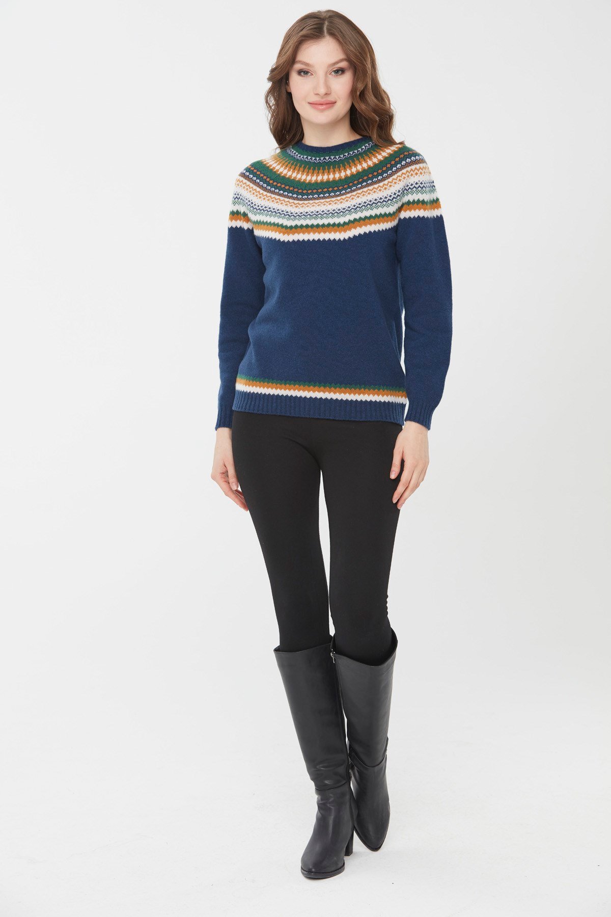 22086Kadın Sıfır Yaka İşleme Desenli Yün Kazak İndigo