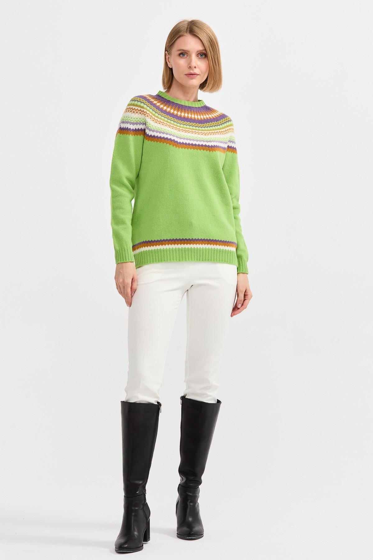 22086Kadın Sıfır Yaka Jakarlı Yün Kazak A.E.Yeşili