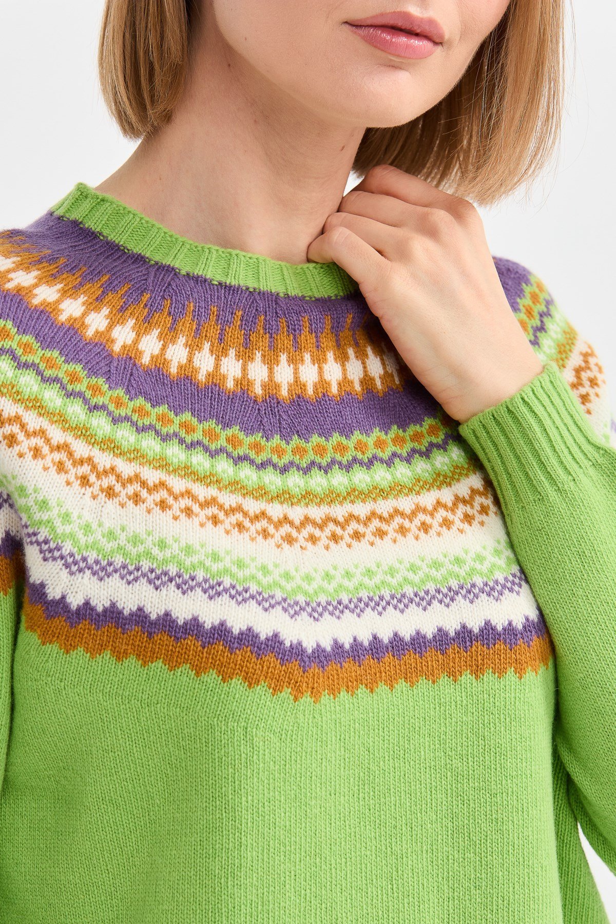 22086Kadın Sıfır Yaka Jakarlı Yün Kazak A.E.Yeşili